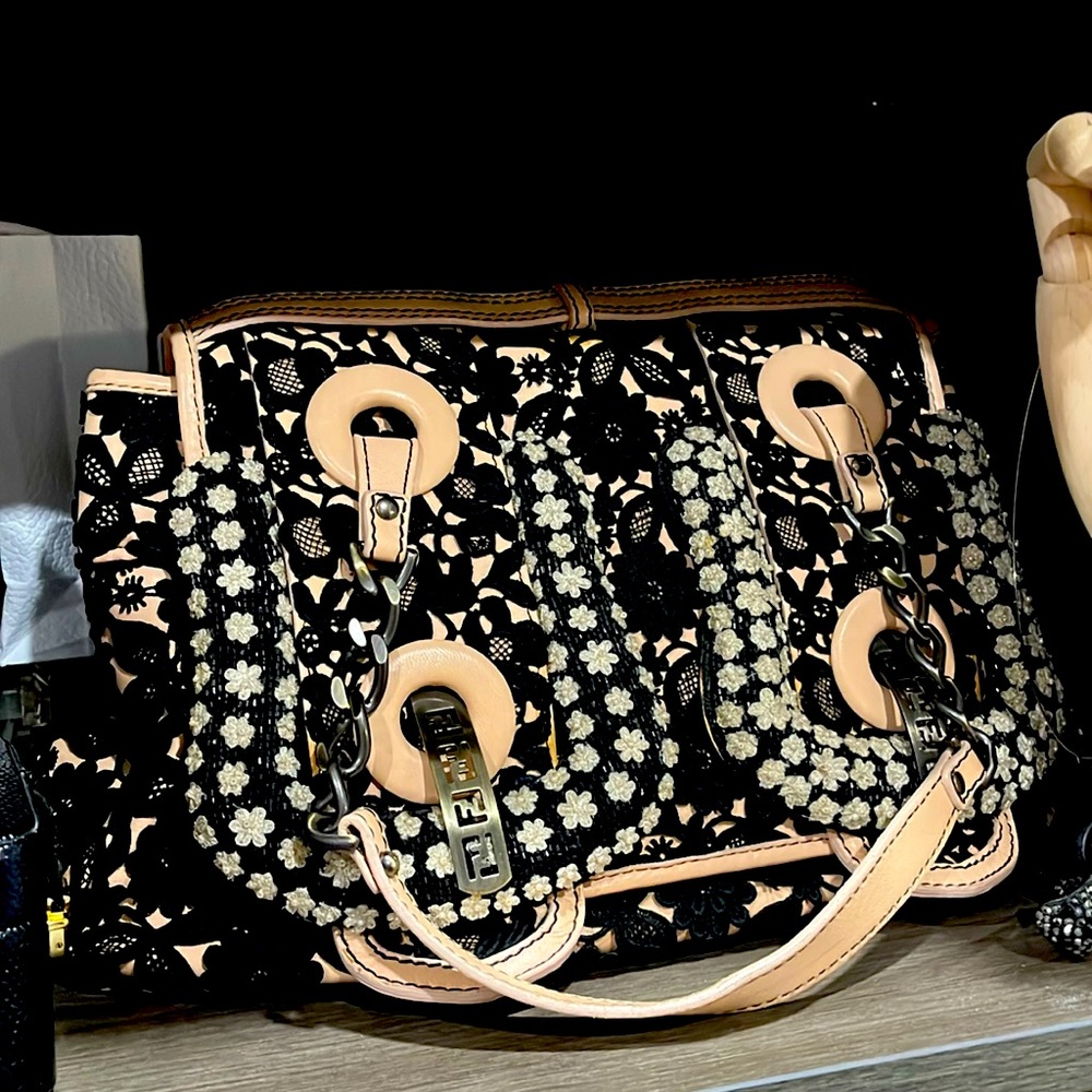 Limited Edition Fendi B Bag in Black Floral Lace, Beading & Nude Ballet Leather